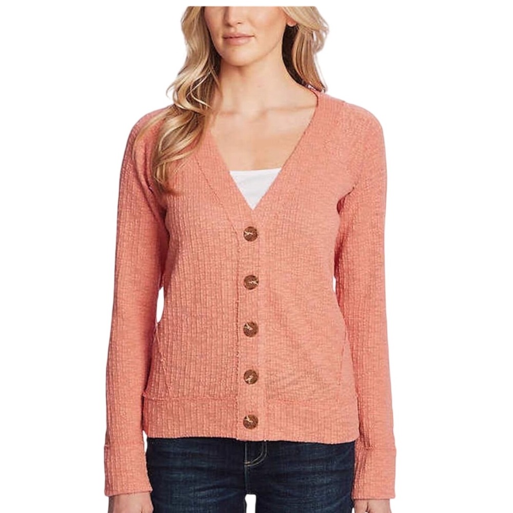 TWO by Vince Camuto Terracotta Coral Waffle‎ Knit Button Front Cardigan Medium